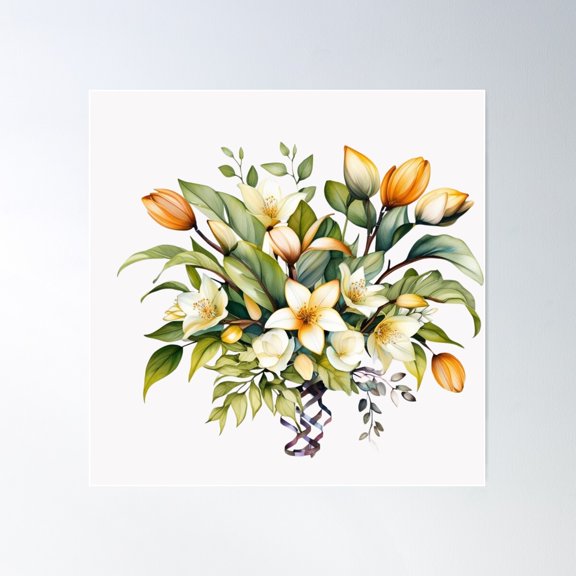 Green Tropical Leaves And Flowers Â€“ Watercolor Botanical Design Poster Wall Art, Modern Wall Decor For Living Room Bedroom, 30x30 UNFRAMED