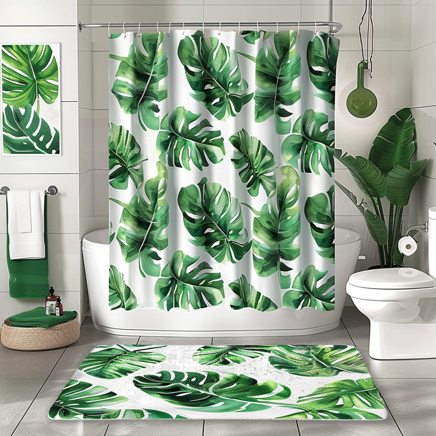 Green Tropical Leaves Bathroom Set with Shower Curtain Refreshing