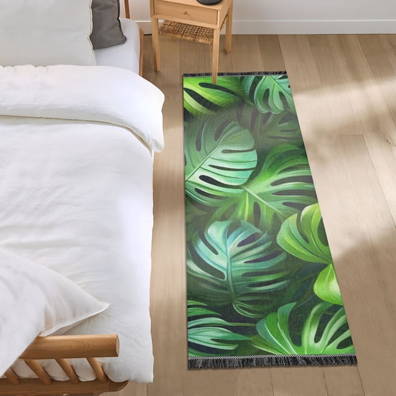 Green Tropical Leaves Bedside Runner Rug 2'x 6' Non Slip Carpet Floor Mat Area Rug