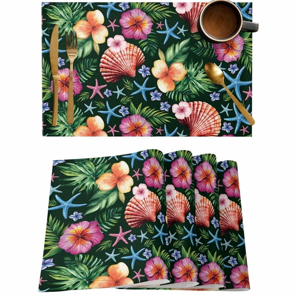 Green Tropical Leaves Flower Plumeria Placemats Set of 4,Wipeable Washable Table Mats for Dining Tables,Ocean Starfish Shell Place Mats for Kitchen Event Party Tabletop Decor