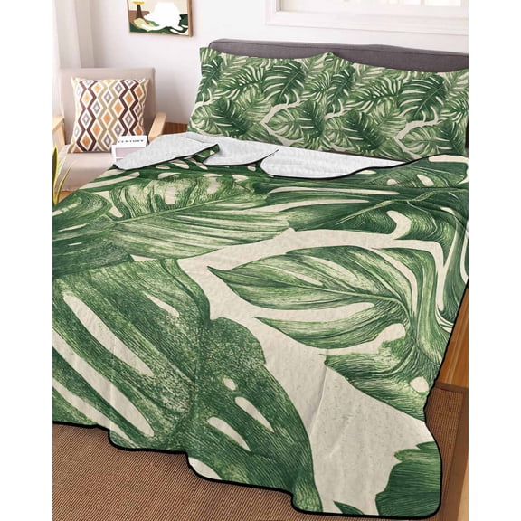 Green Tropical Leaves Full Size Down Alternative Comforter, Lightweight Comforter Quilt Bedding Set with Pillow Shams Farmhouse Summer Leaf Plants All Seasons Bed Comforter Duvet Insert 78"x90"