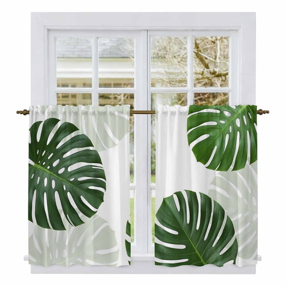 Green Tropical Leaves Kitchen Curtains 45 Inch Length, Summer Botanical Palm Plants Tiers Curtains for Bathroom Bedroom Cafe, Light Filtering Small Window Treatment Short Drapes 2 Panels 42"Wx45"L