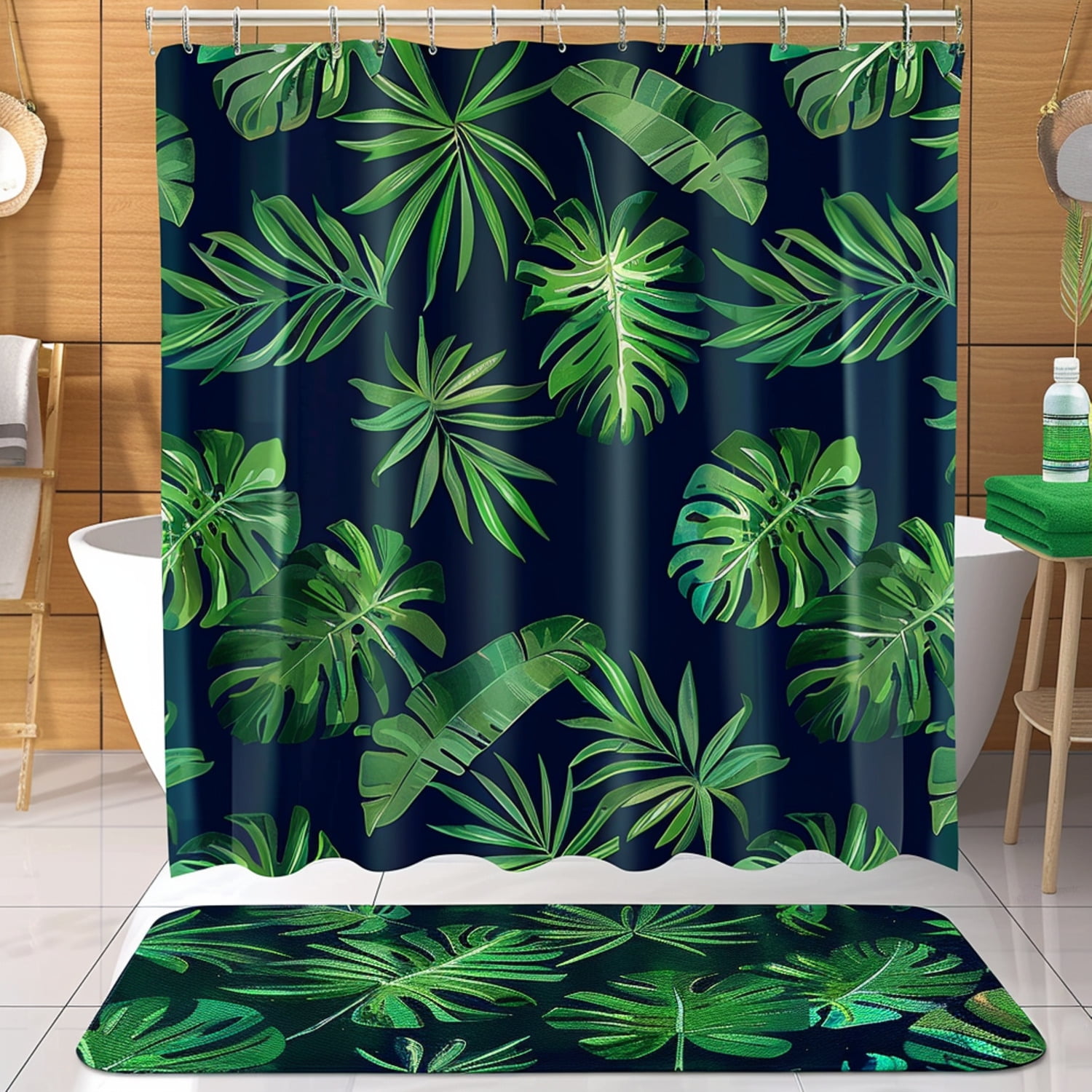 green-tropical-leaves-navy-blue-bathroom-curtain-set-with-floor-high