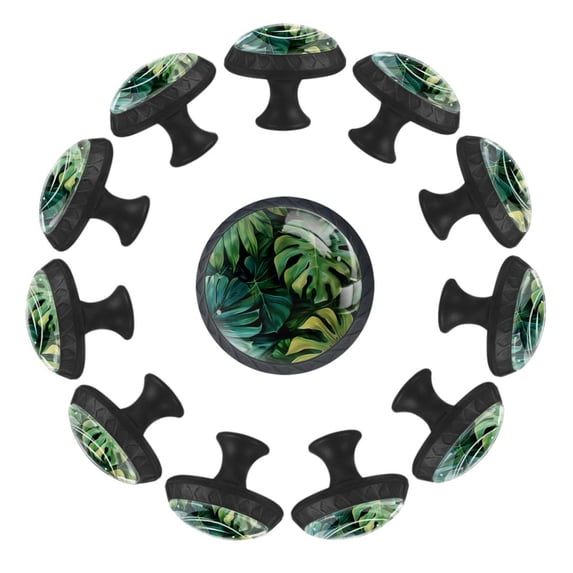 Green Tropical Leaves Pattern 35MM Round Glass Cabinet Knobs, Kitchen Knobs for Drawer Dresser Cupboard Wardrobe Modern Pulls Handles Hardware, Set of 12