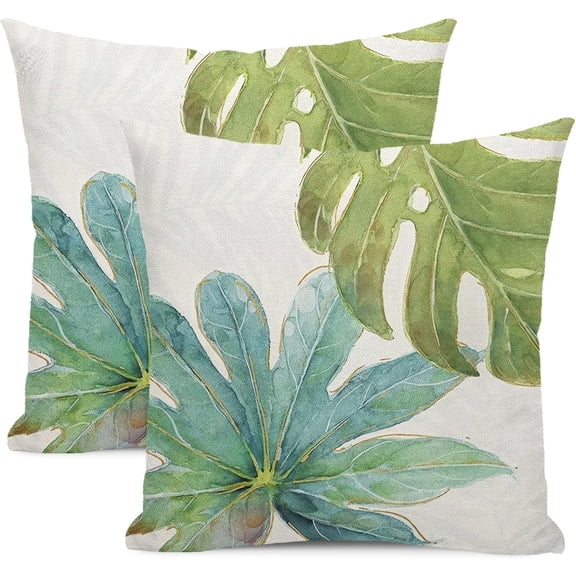 Green Tropical Leaves Pillow Covers 18x18 Set of 2, Monstera Palm Leaf Decor Farmhouse Pillowcase Botanical Plant Spring Summer Throw Pillows Linen Outdoor Decorations Cushion Covers for Home