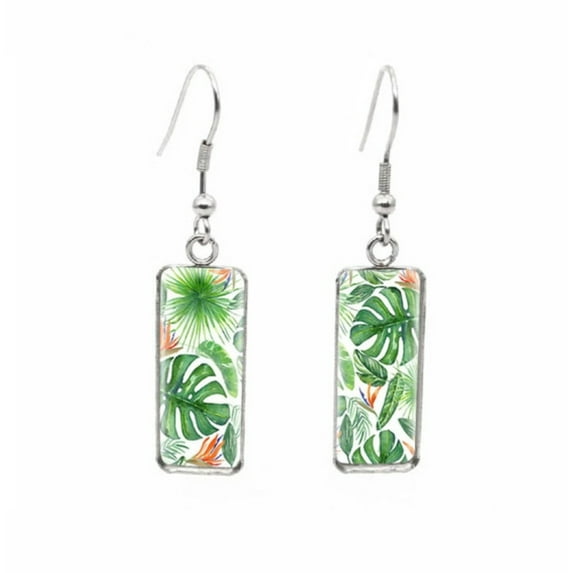 Green Tropical Leaves Rectangular Drop Earrings