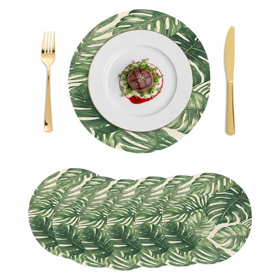 Green Tropical Leaves Round 15 Inch Placemats Set of 6, Farmhouse Summer Leaf Plants HeatResistant Non Slip Place Mats for Dining Table, Wipeable Braided Kitchen Table Mats for Housewarming
