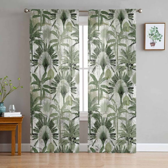 Green Tropical Leaves Sheer Curtains 84 Inches Long 2 Panels Set, Window Sheer Curtains for Living Room/Bedroom, Summer Palm Trees Botanical Light Filtering Rod Pocket Curtain 52'' x 84'' x 2