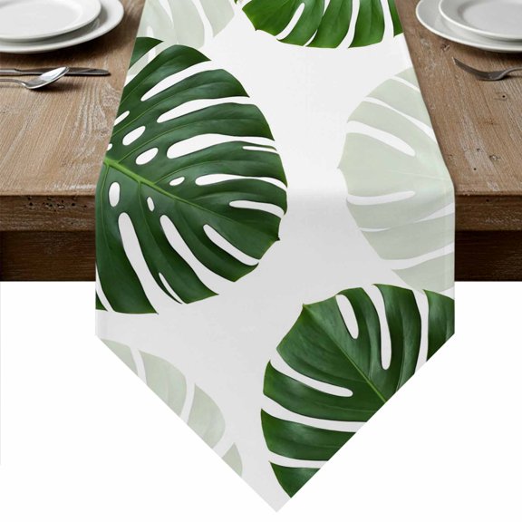 Green Tropical Leaves Table Runner Linen Burlap Table Runner 60 Inches Long Summer Botanical Palm Plants Dresser Scarves for Kitchen Island Coffee Dining Room Party Wedding Holiday Decor 13"x60"