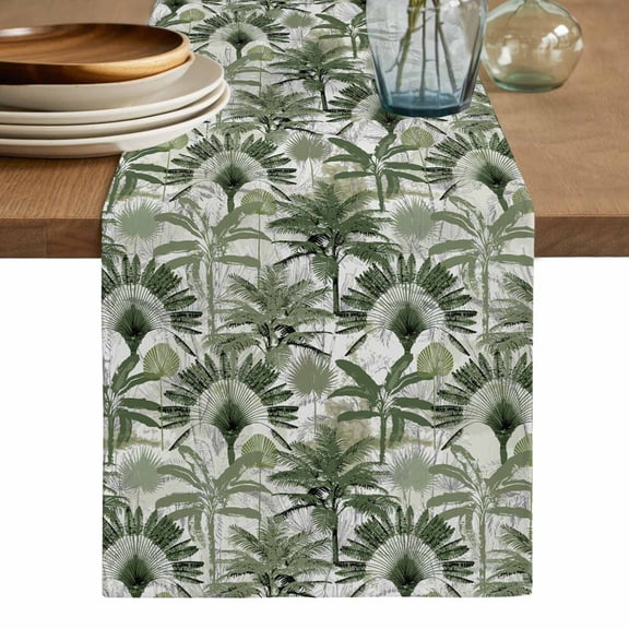 Green Tropical Leaves Table Runner, Summer Palm Trees Botanical Washable Cotton Linen Table Runners 36 Inches Long, Dresser Scarf Runner for Nightstand/End Tables/Round Tables 13''x36''