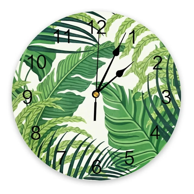 Green Tropical Leaves Wall Clock Large Modern Kitchen Dinning Round Wall Clocks Bedroom Silent