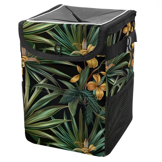 Green Tropical Palm Flowers Foldable Car Trash Can with Lid and Hanging