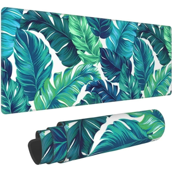 Green Tropical Palm Leaf Summer Mouse Pad XL Extended Desk Mat, Non Slip Rubber Base Stitched Edge Gaming Pc Desktop Large Mice Pad,31.5 x 11.8 Inch