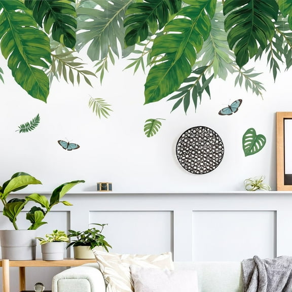 Green Tropical Palm Tree Leaves Wall Stickers,Banana leaf wall decal Waterproof Tropical Green Leaf Plants Wall Decal, Peel and Stick Nature Jungle Wall Decor for Living Room Bedroom Door Decoration