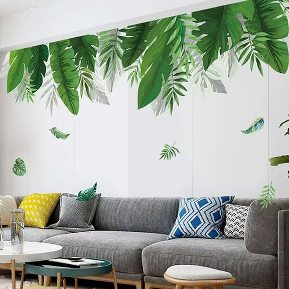 Green Tropical Palm Tree Leaves Wall Stickers, Waterproof Tropical Green Leaf Plants Wall Decal, Peel and Stick Nature Jungle Wall Decor for Living Room Bedroom Door Decoration