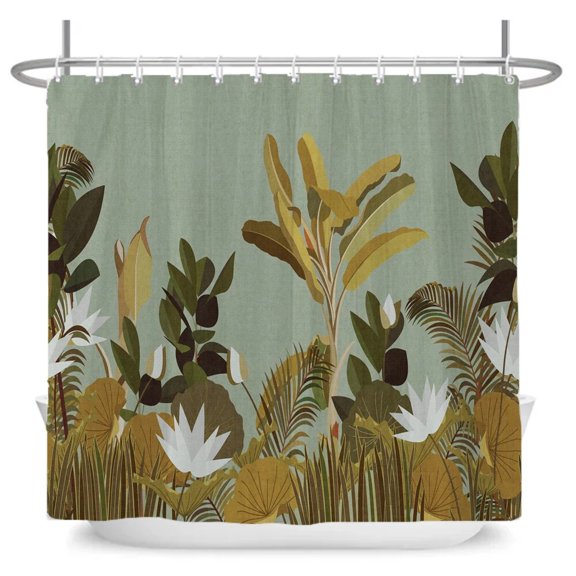 Green Tropical Palm Tree Shower Curtain Leaves Plant Fabric Bathroom Curtain Botanical Jungle Bath Curtain Large Size Wall Cloth