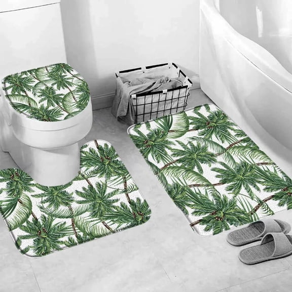 Green Tropical Plant Bath Mat Set Black Gold Leaf Non-Slip Rug Living Room Bedroom Door Mat Rug Toilet Cover Bathroom Decor Set