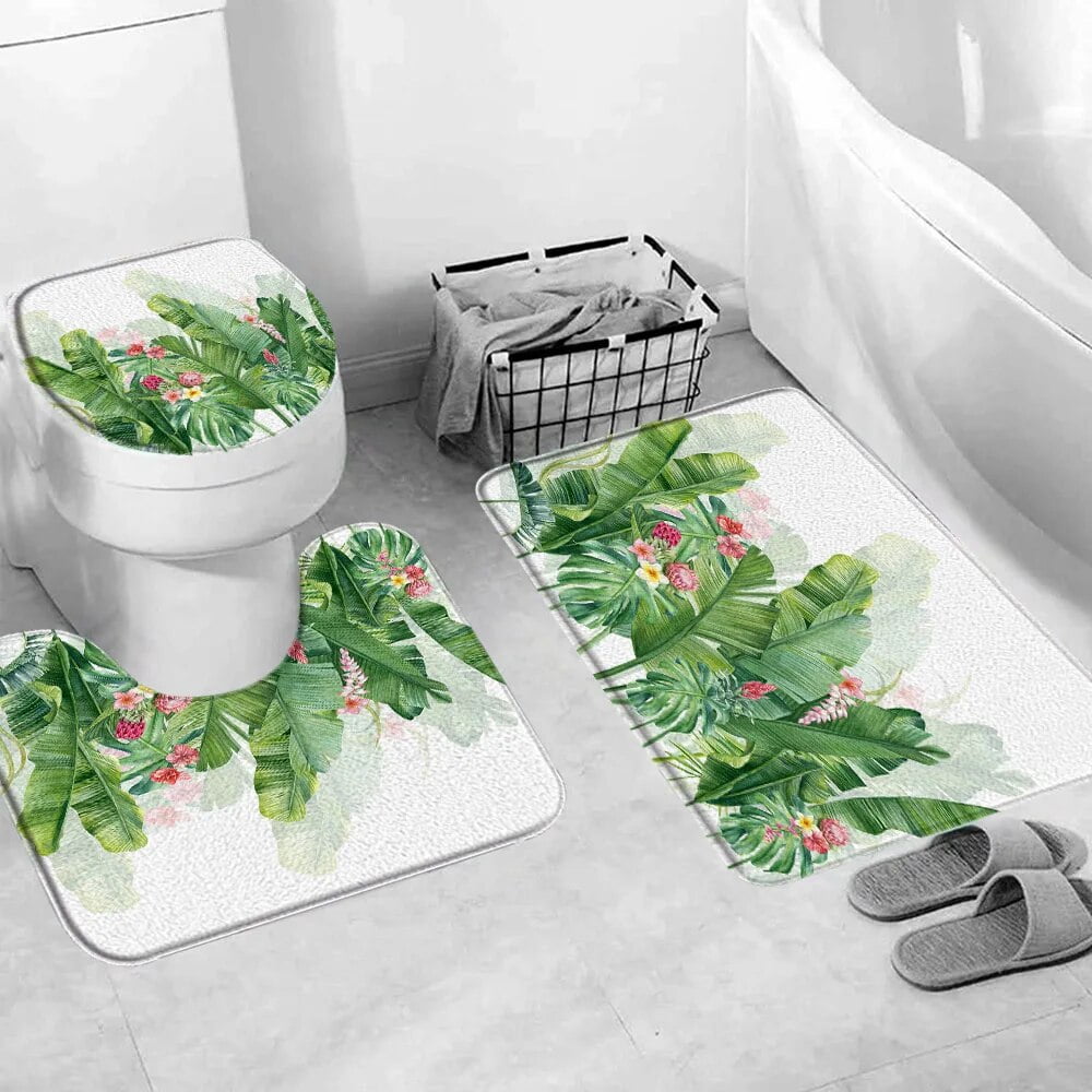 Green Tropical Plant Bath Mat Set Black Gold Leaf Non-Slip Rug Living ...