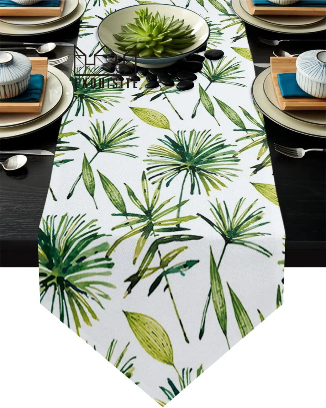 Green Tropical Plant Palm Leaves Table Runner Modern Table Flag Home