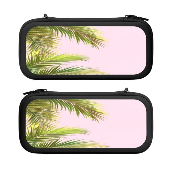 Green Tropical Plant With Pink Background, Carrying Case For Nintendo Switch & OLED Version, Eva Pouch Case for Console & Accessories with 10 Game Card Slot & Wristband, Black