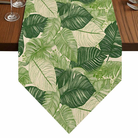 Green Tropical Plant Table Runner for Dining Room, Watercolor Palm Leaf Linen Texture Cotton Linen Dining Table Runner Tablecloth Dresser Scarves for Kitchen Cafe 13x36 Inches Long