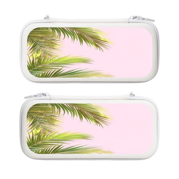 Green Tropical Plant With Pink Background, Carrying Case For Nintendo Switch & OLED Version, Eva Pouch Case for Console & Accessories with 10 Game Card Slot & Wristband, White