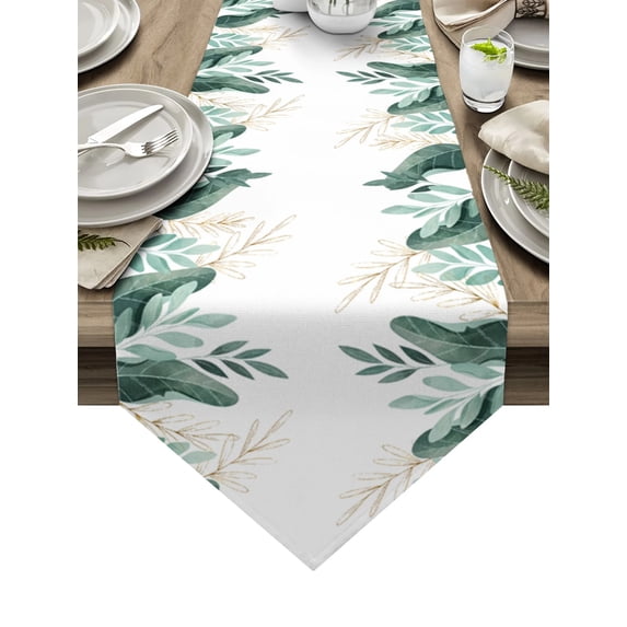 Green Tropical Plants Leaves Modern Table Runner Cotton Linen Tablecloth Wedding Party Dinner Coffee Table Decor Cloth