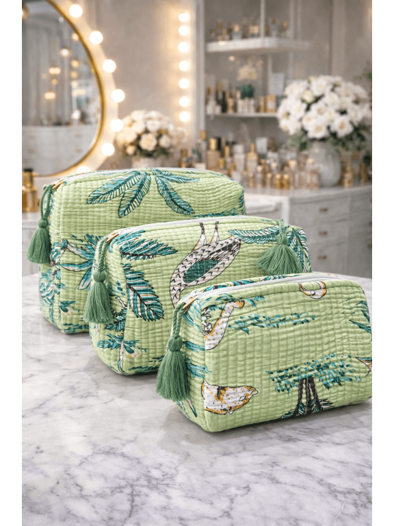 Green Tropical Quilted Cosmetic Bag Set for Women, Pack of 3 Makeup Organizer Pouches, Travel Toiletry Zipper Storage Bags