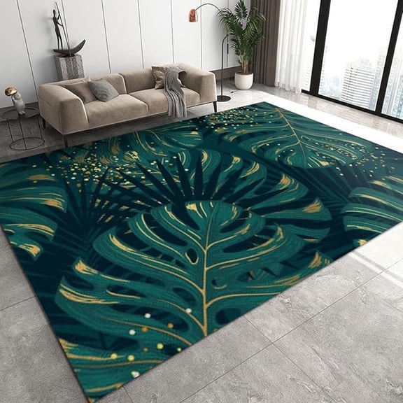 Green Tropical Rainforest Leaves Area Rug, Golden Dotted Banana Leaves Large Rugs, Easy Clean Carpet Washable Indoor Non-Slip Rug For Boys And Girls Nursery Bed Living Room 1x2ft