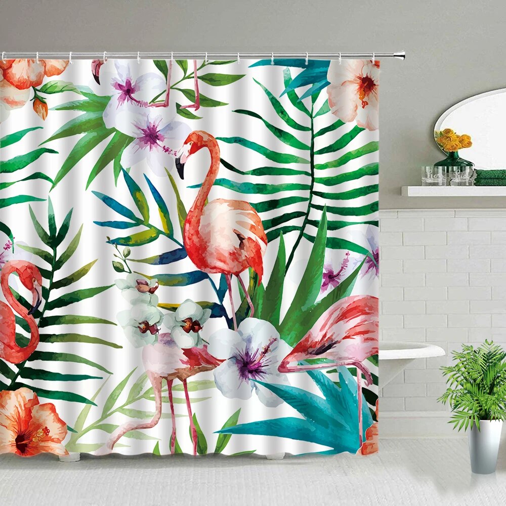 Green Tropical Rainforest Plant Shower Curtains Flower Leaf Leaves Bathroom Decor Waterproof