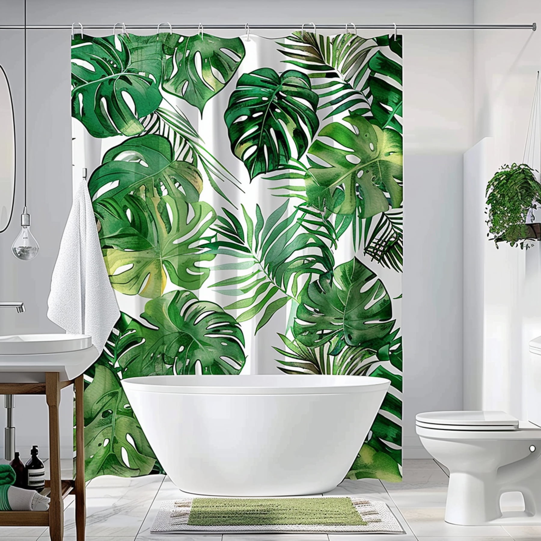 Green Tropical Rainforest Shower Curtain Vibrant Palm Leaves & Monstera