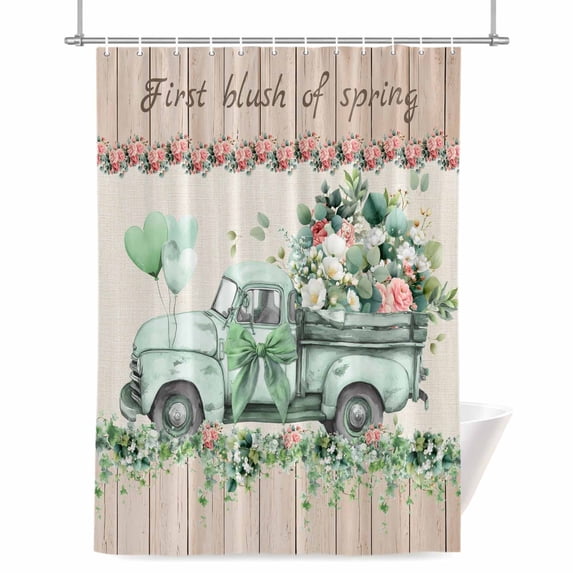 Green Truck Flowers Shower Curtain, 72" x 72", Spring Green Leaf Linen Texture Wood Grain Waterproof Bathroom Curtain Washable Shower Curtain Set with 12 Hooks