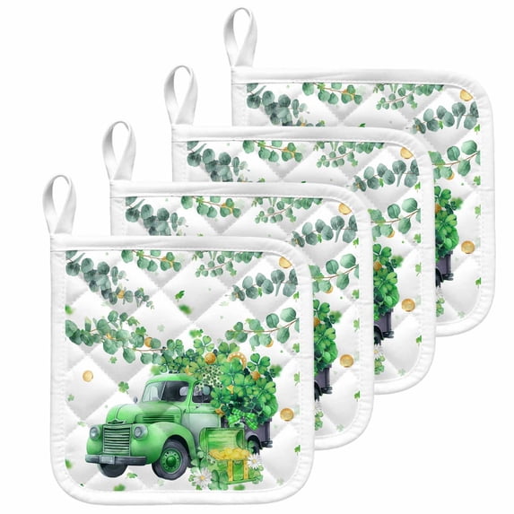 Green Truck St. Patrick's Day Pot Holders for Kitchen Heatproof Potholder, 4 Pack Lucky Eucalyptus Leaves Hot Pads Multipurpose Oven Pads Cloth Potholders Trivet for Cooking and Baking