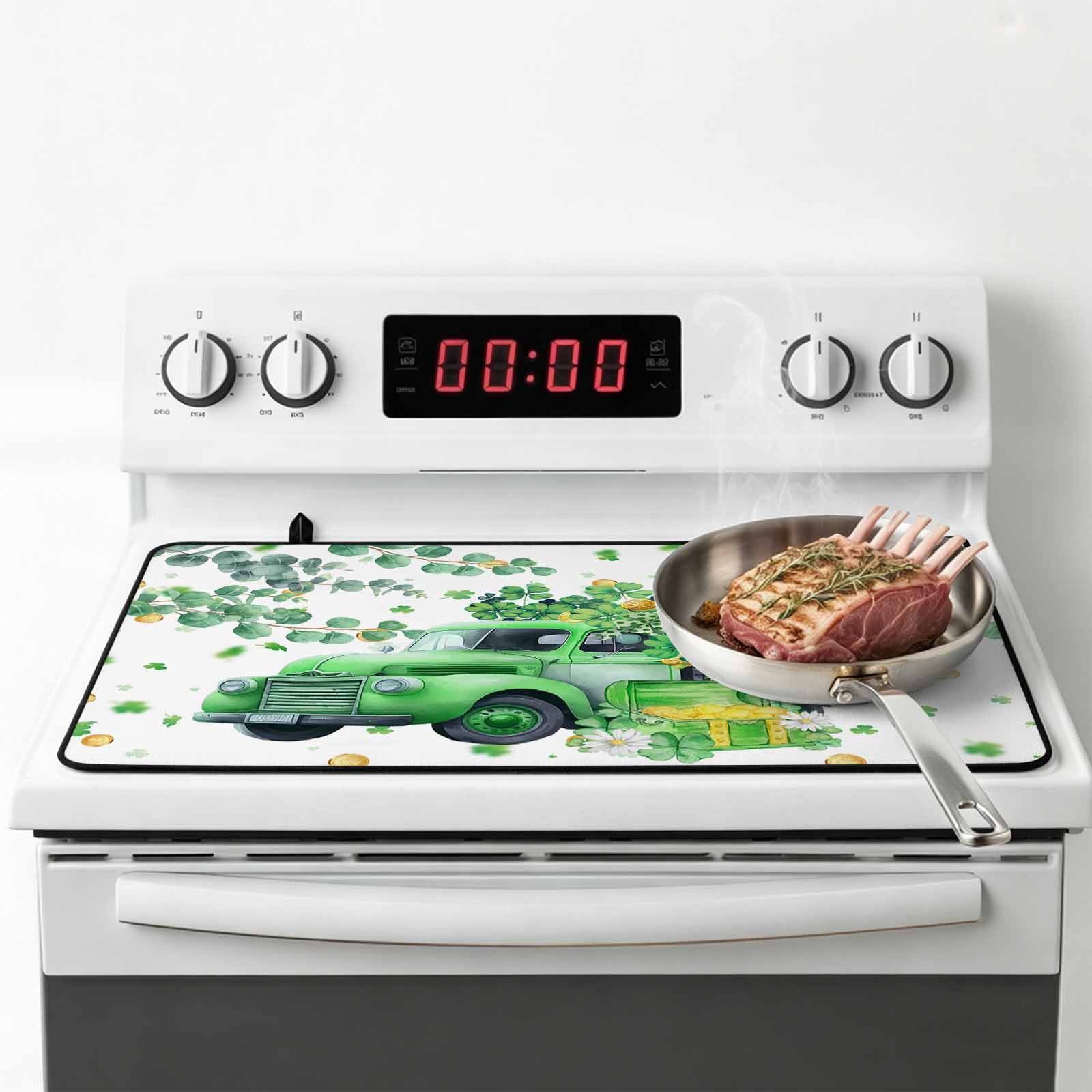 Green Truck St. Patrick's Day Stove Top Cover for Electric Stove, Heat-proof & Non Slip Glass Top Stove Cover Protector, Lucky Eucalyptus Leaves Kitchen Flat Cooktop Rubber Mat 24x21 Inches