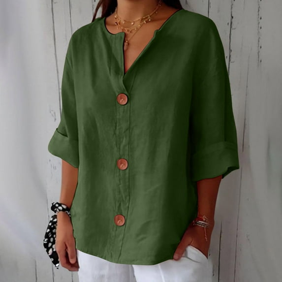 Green Tshirts for Women Linen Shirts for Women Summer Cotton Linen V Neck 3/4 Sleeve Tops Loose Vacation Beach Solid Blouses Tunic Tops Going Out Tops for Women
