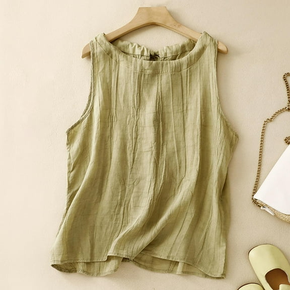 Green Tshirts for Women's Summer Solid Color Pleated Tense Vest Literary Retro Cotton Linen Loose Sleeveless Top for Women's Vest Suspender Going Out Tops for Women