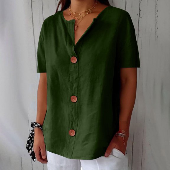 Green Tshirts for Women Linen Shirts for Women Summer Cotton Linen V Neck Short Sleeve Tops Loose Vacation Beach Solid Blouses Tunic Tops Summer Tops