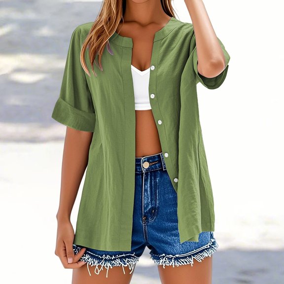 Green Tshirts for Women Summer Tops for Women Trendy Sleeveless Cotton Linen Tank Top Casual Button V Neck Tunic Blouses Summer Tops