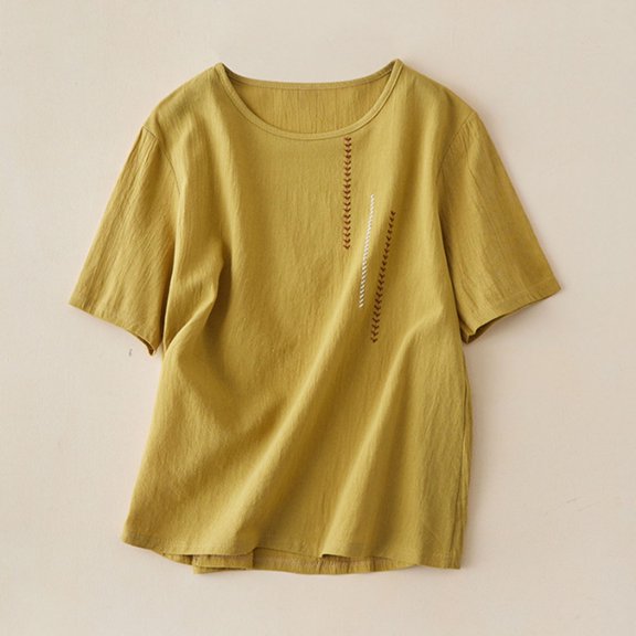 Green Tshirts for Women's Literary Retro Short Sleeve Embroidered Cotton Round Neck Summer New Loose Pullover Top Short Sleeve T Shirt Summer Tops