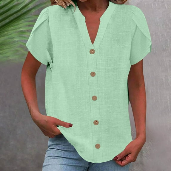 Green Tshirts for Women's Petal Sleeve Cotton Linen Casual Summer Shirt Going Out Tops for Women