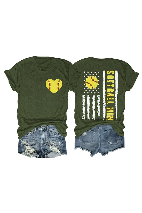Green Tshirts for Women's SOFTBALL MOM Baseball Print Loose T Shirt Short Sleeve Top Womens Short Sleeve Tops