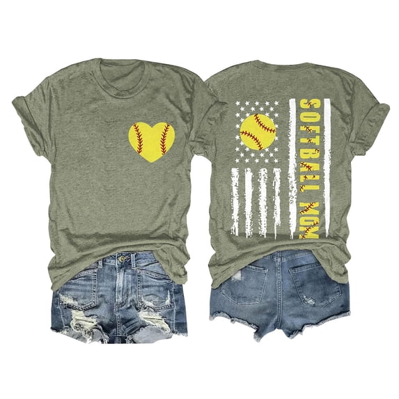 Green Tshirts for Women's SOFTBALL MOM Baseball Print Loose T Shirt Short Sleeve Top Womens Short Sleeve Tops