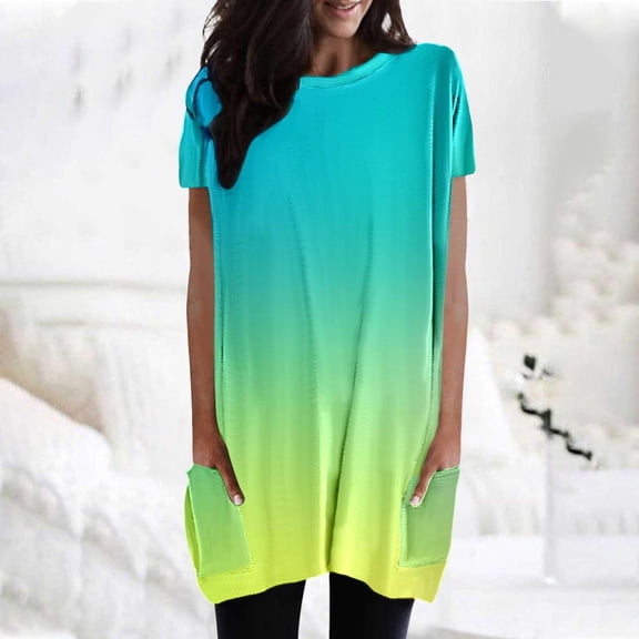 Green Tshirts for Women's Spring Summer Round Tie Pocket Gradient Print Loose Casual Short Sleeved T Shirt Summer Tops