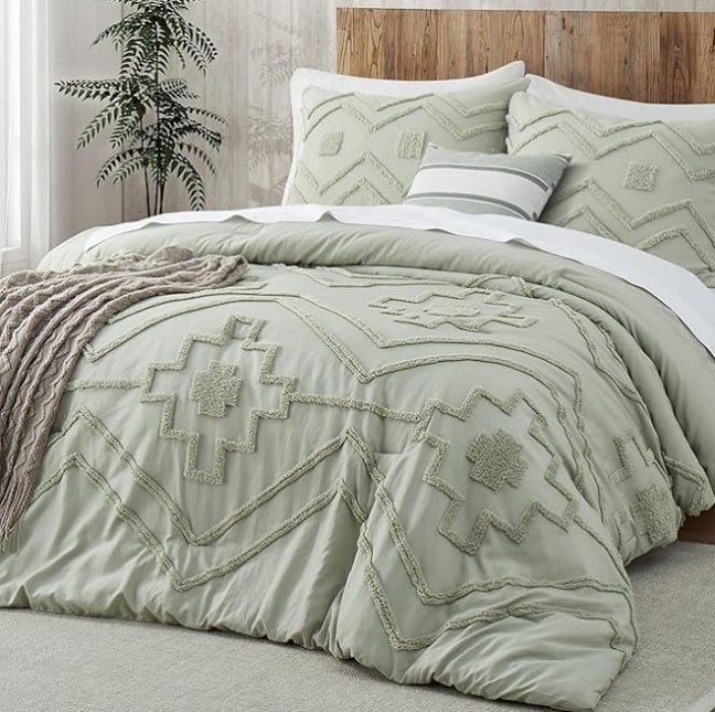 Pooja Handicrafts Boho Style 3-Piece Green Tufted Cotton Duvet Cover Set, 120"x120"