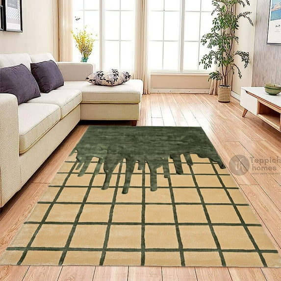Green Tufted Rug 7X10, Geometric Carpet, Area Rugs, Bedroom, Dining Room, Rectangular Carpet