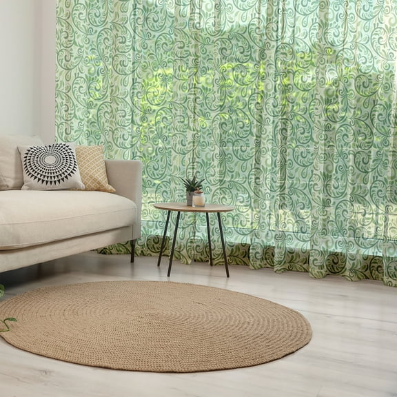 Green Tulle Curtains with Rod Pocket, Swirled Curly Abstract Leaves with Damask Influences Ornate Vintage, Sheer Drape for Wedding Party 2 Panels, 7 Sizes, Pale Green Fern Green, by Ambesonne