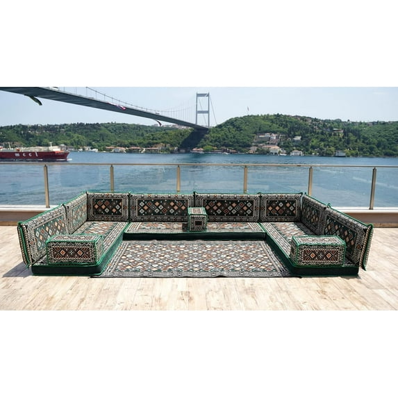 Green Turkish Sofa Set, Arabic Majlis Seating, Meditation Cushion, Diwan Sofa, Floor Cushions for Adults, Convertible Modular Sofa