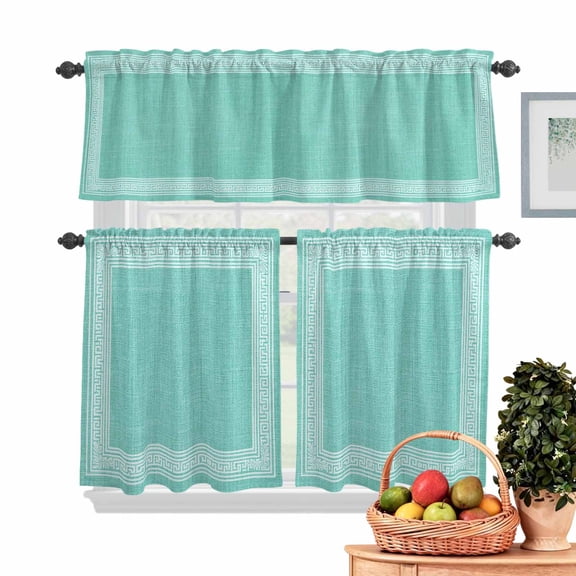 Green Turquoise Abstract Art Kitchen Curtains Valances 3 Piece Set, Vintage Linen Greek Key Geometric Rod Pocket Tier Curtain and Valance Drapes for Small Window 24 Inch Length for Bedroom Cafe
