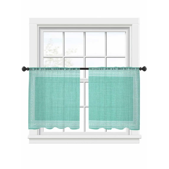 Green Turquoise Abstract Art Sheer Curtains for Living Room Bedroom, Vintage Linen Greek Key Geometric Light Filtering Sheer Curtains, Rod Pocket Voile Window Drapes, 2 Panels Set 54"x 45"