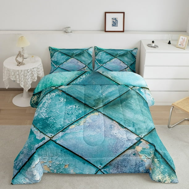 Green Turquoise Bedding Twin Size Vintage Geometrical Plank Comforter Set Girls Boys Pastel Old Painting Bedding Comforter Sets for Kids Teenagers